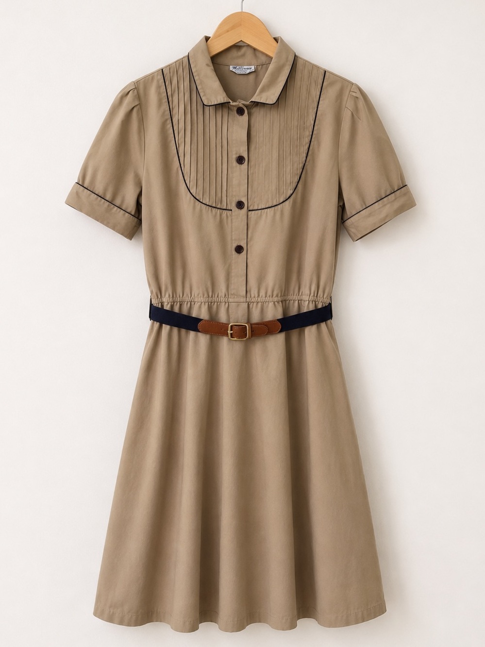 Vintage Millicent California Khaki Shirt Dress Pintuck Bib Puff Sleeve - Picture 2 of 9